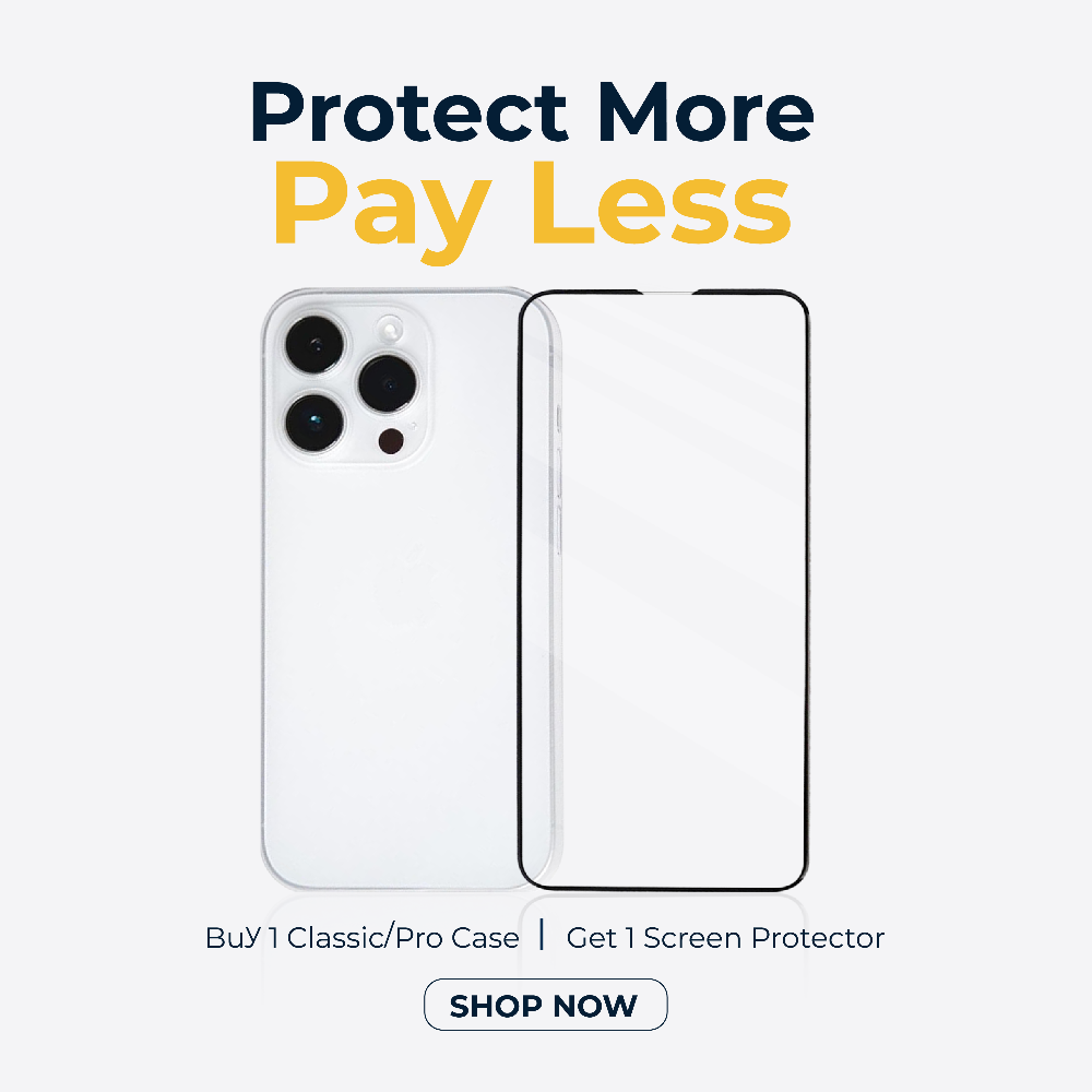 Phone case and screen protector with promotional text on a white background